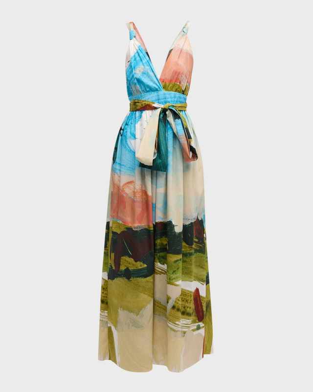 Plunging Landscape-Print Waist-Tie Sleeveless Maxi Dress
